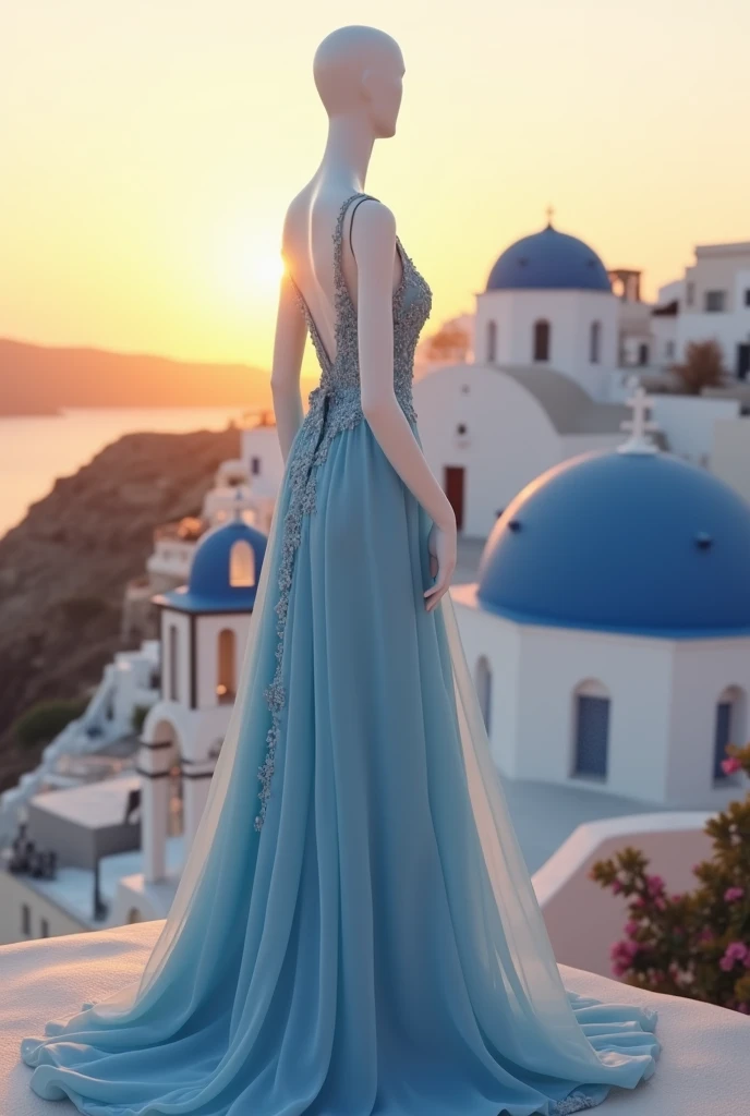 Mannequin féminin. Santorin, Grèce. Robe de soirée bleu pastel. coucher de soleil