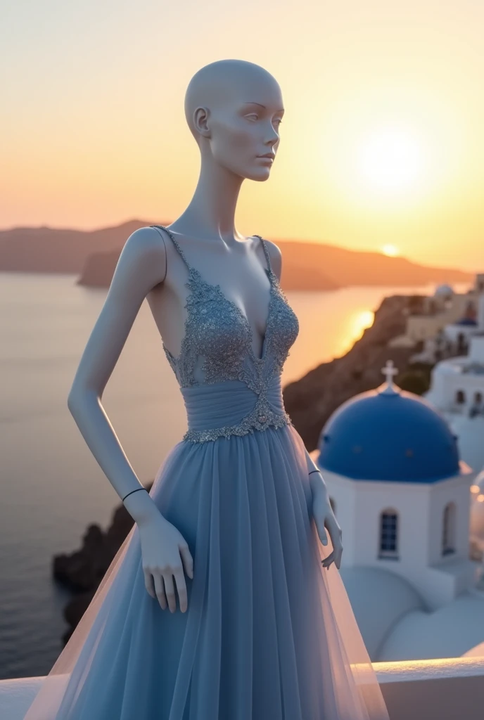 Mannequin féminin. Santorin, Grèce. Robe de soirée bleu pastel. coucher de soleil