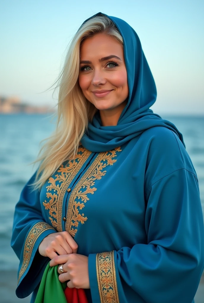 Close up, blonde, plump woman, wearing a blue, gold embroidered abaya, holding the white and green Algerian flag, looking directly at the camera, she is standing on the blue seashore