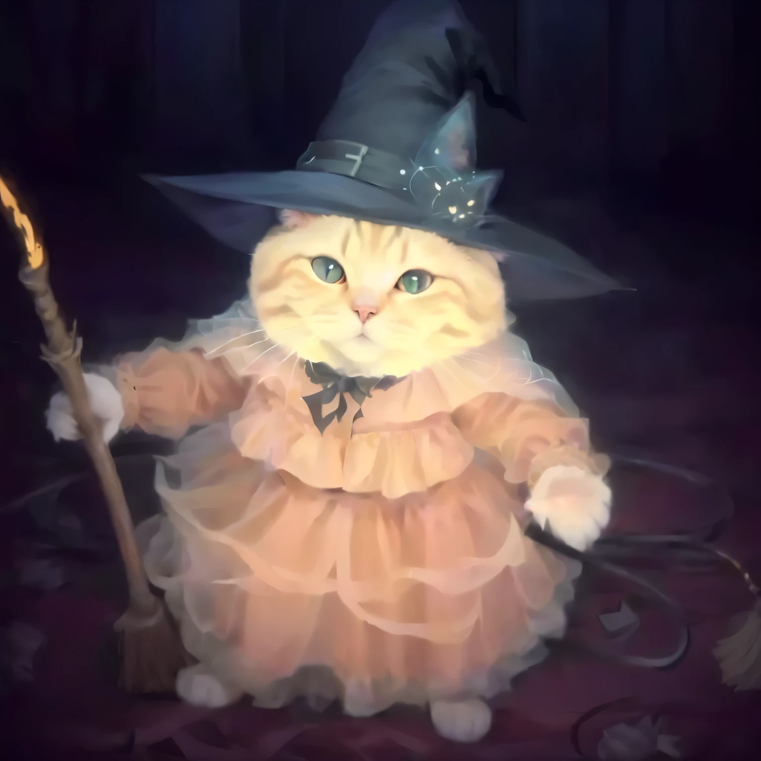 araffy cat dressed as a witch with a broom and a hat, cat witch, scarry but bewitching, witchy, dressed like a magician, archmage with hat, in a halloween style, Super Math Wizard Cat, in an elegant dress, witch, cat with hat, oil painting of cat witch, a witch, cursed images