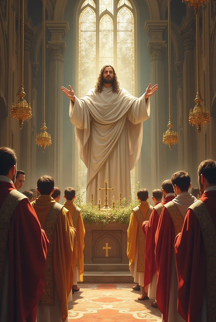 Drawing of Acolytes at the consecration and Christ in the background