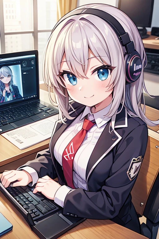 Woman sitting at a desk with a laptop and a microphone, Sit in front of the microphone, Twitch Streamer, Twitch Streamer/Gamer Ludwig, Be interviewed, An accurate portrait, Taking the lead with a smile, H3H3, With a happy expression, Precise Representation, In front of the computer, Trend Art, Shutterstock, Studio shot, Very expressive, Realistic Anime, Drawn,