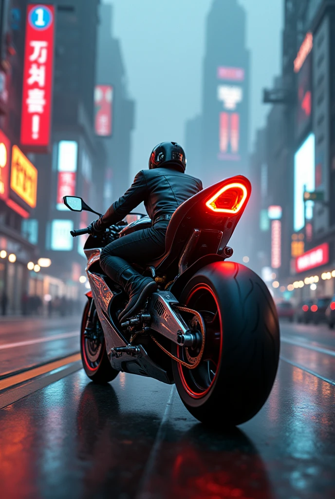 detailed cyberpunk motorcycle, ninja h2r, futuristic motorcycle, riding on the road, motorcycle from behind, 1 person on a motorcycle, intricate details, High resolution, 8k, Photorealistic, hyper detailed, cinematic lighting, Dynamic motion blur, gritty urban environment, Neon lights, glowing cybernetic elements, chrome details, worn texture, mecha inspired design, complex machinery, industrial urban landscape, Changing the color palette, (Best Quality,4k,8k,High resolution,masterpiece:1.2),ultra detailed,sharp focus,(realist,photorealist,fotorrealista:1.37), Extremely fine,intricate details,intense lighting,dramatic lighting,lighting change,cinematic lighting,chiaroscuro lighting,dramatic shadows,dramatic moments,vivid colors,intense colours,Deep contrast,cinematic depth of field,cinematographic composition,cinematic camera angle