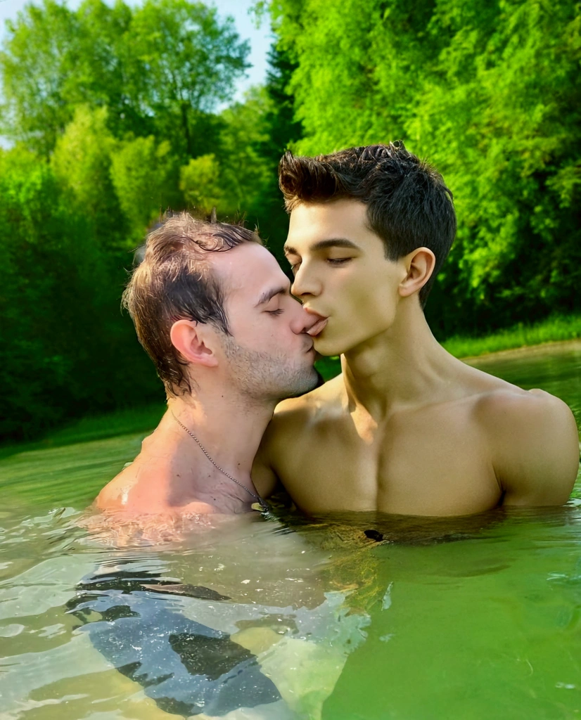 Add very skinny shirtless gay , kissing on the mouth with tongue, hugging him and fondling him.