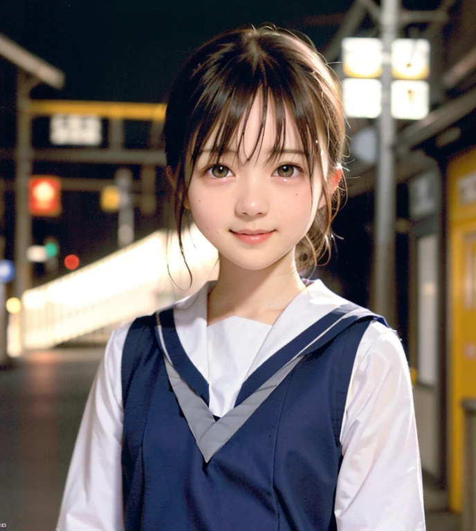 One incredibly cute girl,Super cute girl、White skin、(Wearing a sailor uniform)、 Professional Lighting、Tokyo Street,night, Streetscape,City lights,Upper Body,close,smile,, (8k, RAW Photos, highest quality, masterpiece:1.2),(Realistic, photo-Realistic:1.37),Pull up your skirt、Panties are visible、