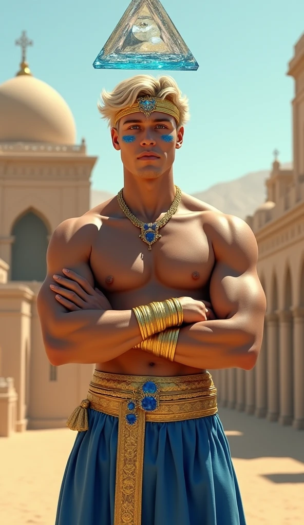 Young man with short blond hair, blue colored eyes, slight smile on your face, two blue marks around the eyes, wearing no shirt, wide blue pants with some details and similar to Arab pants, two gold bracelets with sapphires on the wrists, golden crown with sapphires and similar to a tiara on the forehead, gold necklace with sapphires, standing with arms crossed, a triangle made of crystal clear water floating around the head, arab city in the desert, 独奏, Masterpiece artwork, precise, High details, 3D rendering, conceptual artwork, cinematic lighting, macro photography, 真实感,