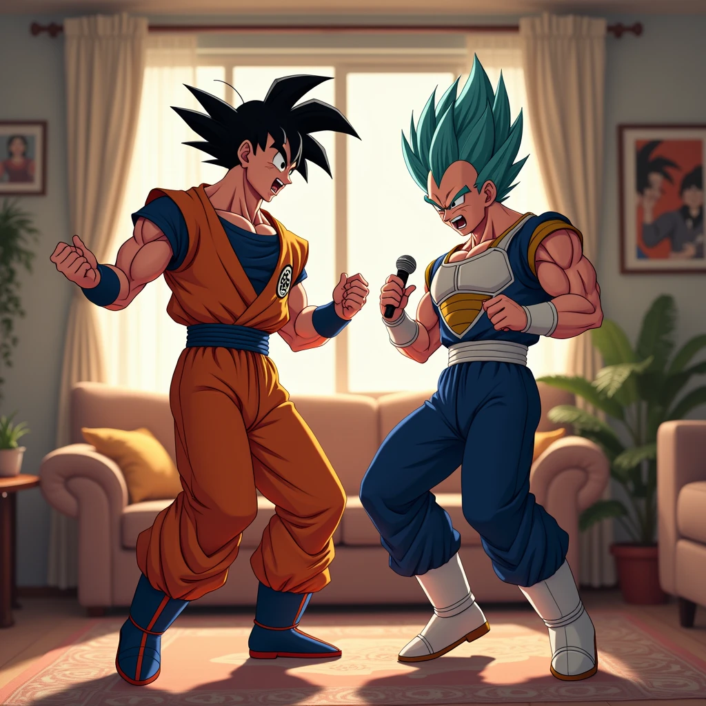 Goku and Vegeta dancing in the living room with their microphone in their hands