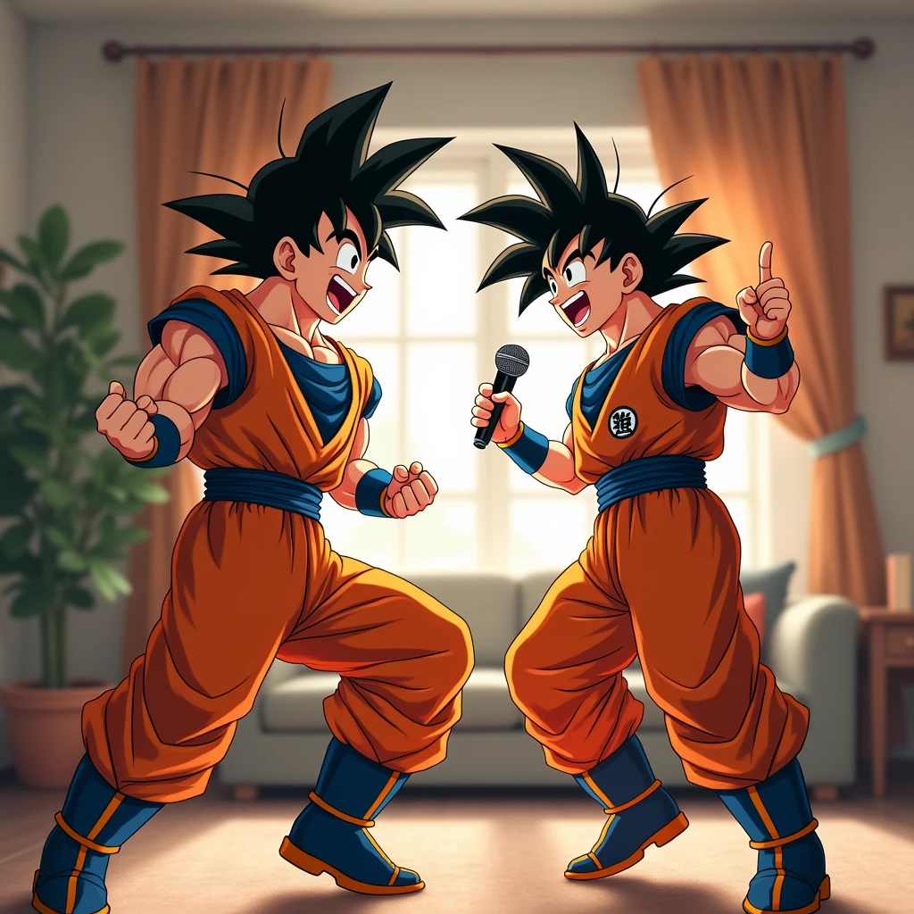 Goku and Vegeta dancing in the living room with their microphone in their hands