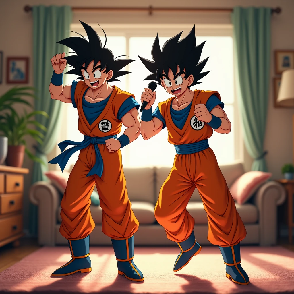 Goku and Vegeta dancing in the living room with their microphone in their hands