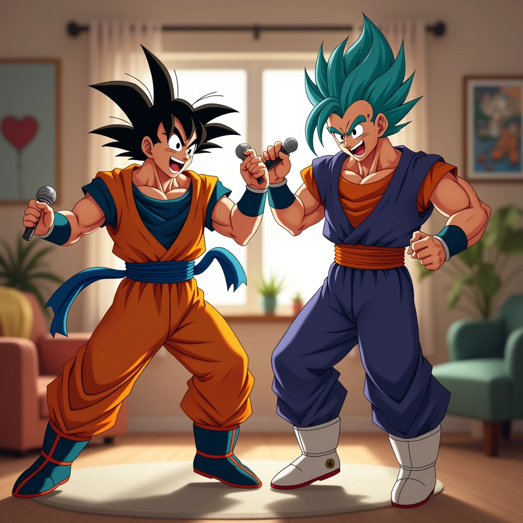 Goku and Vegeta dancing in the living room with their microphone in their hands