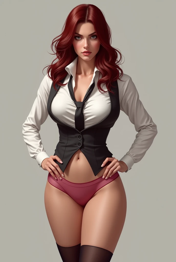 hyper realistic, woman 2 full body, standing, dark red hair, open legs, hands on the hips, wearing a white low-cut shirt with a tie, social vest, Long socks, pink sheer briefs, naked body