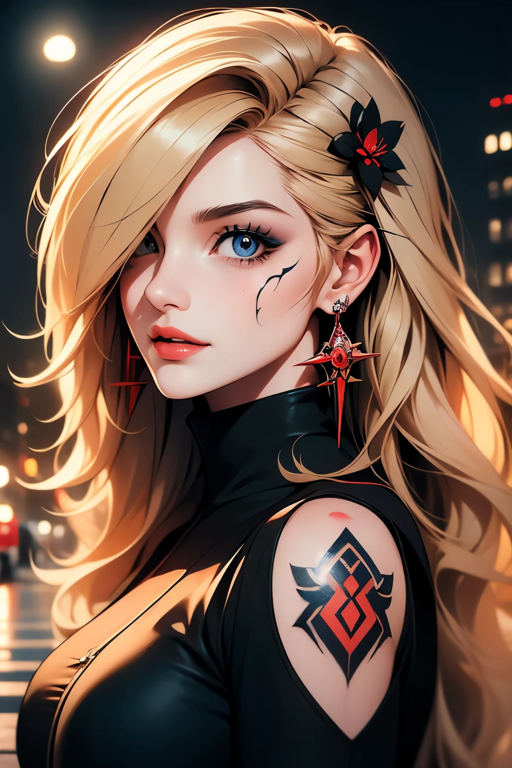 perfil portrait image of a woman with long light blond, streaked with red and black highlights and black curly hair, red eyes, she wears social clothes and have a lot of ((tattoos on her body)). She is smiling like a villain, with a moon tattooed on her face, she is on a dark city scenery, symmetrical face, ((symmetric eyes)), high contrast, digital art trend on Artstation 8k HD high definition detailed realistic , hiper detalhado