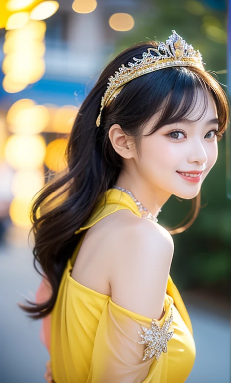 (one cute Chinese Princess, a majestic, wise & gorgeous future queen, super cute ponytail, (extravagant, sparkling, pretty princess costume:1.1), (luxurious giant tiara:1.1), (luxurious giant necklace:1.1), (Yellow Princess costume:1.2), (beautiful yellow chinese costume:1.1), (beautiful yellow and white gradation:1.1), the_cowboy_shot, camera focused on bosom, (best smile:1.2), huge breasts, beautiful detailed facial features, (high quality transparent sleeve with jewel embellishment:1.1), one smooth shoulder, Natural pose, elegant & easy-going, kind dimpled smile, subtle snowflakes, spectacular cinema lighting, natural beauty, NO makeup, long eyelashes, beautiful eyes, (accurate anatomy:1.1), natural forehead, simple bokeh night background, low contrast, surrounded by soft light, (body facing forward:1.1), (lower arms:1.1),SFW,)