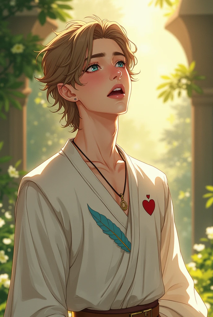 a young half-elf man with delicate, feminine features and shoulder-length light brown hair wearing a white medieval tunic with a symbol of a light blue feather over a red heart drawn on the clothes at chest height, singing.
anime style