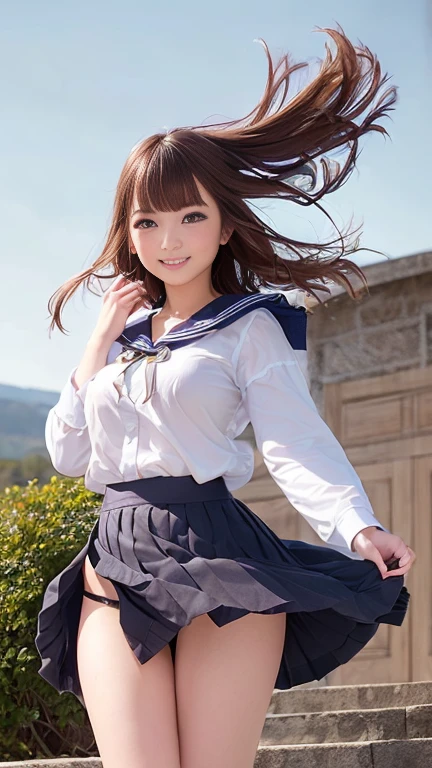 (A skirt flipped up by the wind:1.7)、1 high school girl、Sailor shirt、Pleated skirt、White lace panties、A shy smile、Bob Hair、Medium breast、Standing on stone steps in the park、Masterpiece:1.3、Raw photo quality、Highest quality、Highest detail image、Detailed Background、