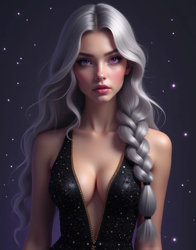 Create a virtual youtuber image, with long gray hair, braided, purple eyes, in a black dress with a low neckline and gold details, centered, symmetry, colored, difficult, Volumetric lighting, Beautiful, A masterpiece with rich, deep colours, Sharp Focus, Ultra detailed, in the style of Dan Mumford and Mark Simonetti, astrophotgraphy