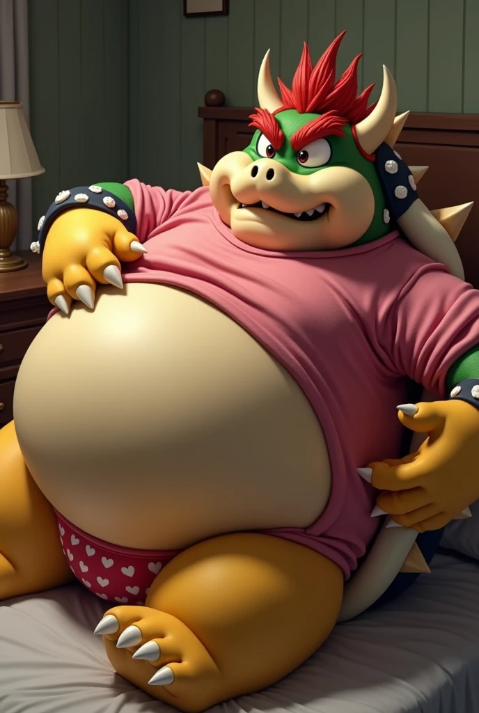 Bowser from Super Mario, Extremely obese, chubby, embarrassed, huge round belly, big moobs, heart underpants, pink tight short sleeves t-shirt, laying on a bed, one hand on the belly