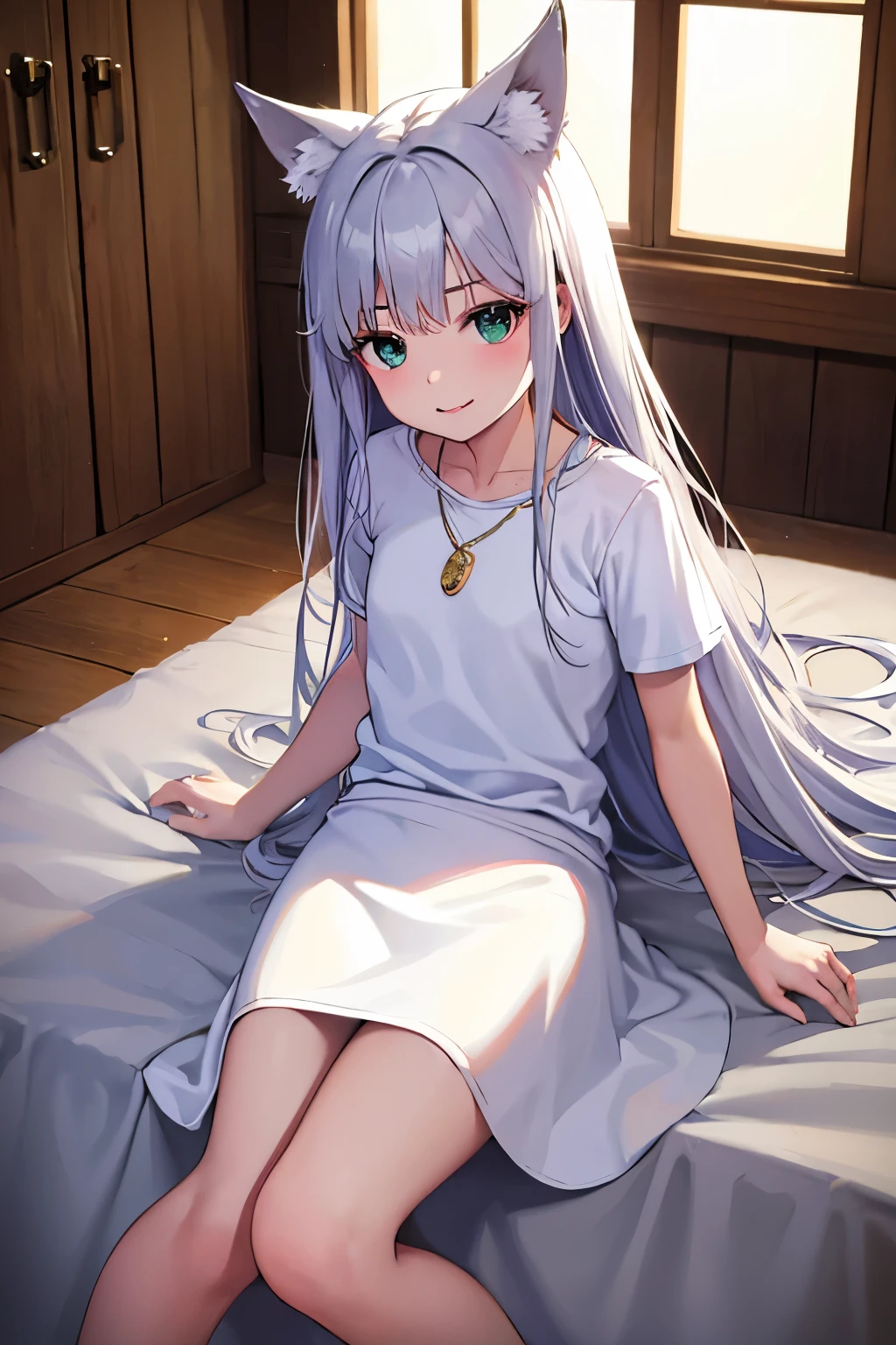 Cabello largo plateado, ojos verdes, headband, necklace, petite, t-shirt, skirt, white clothes, wolf ears, sonrisa, abdomen lindo, muslos hermosos, inside house