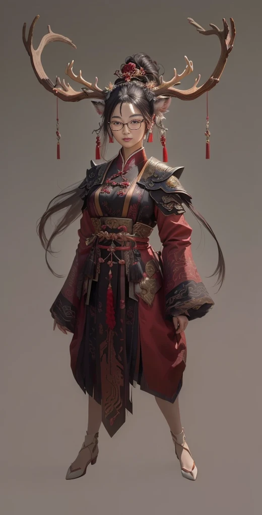 a woman in a red and black outfit with elk antlers on her head, beautiful character painting, by Yang J, epic exquisite character art, feng zhu concept art, stunning character art, by Lin Liang, amazing 8k character concept art, by Qu Leilei, palace, a girl in hanfu, by Feng Zhu, inspired by Feng Zhu, by Li Song, (masterpiece), best quality, expressive eyes, perfect face, xiuxian, chinagen, FantasyCore, Animal ear, (chinese woman with elk antlers and elk legs in a traditional chinese clothing), masterpiece, best quality, expressive eyes, perfect face, full body, dnd character design, female, girl, dnd, great quality, amazing detail, realistic, feminine, eyelashes, eyeliner, niji, beautiful, detailed highest, detailed texture, deer ears, deer hooves, deer feet, deer tail, hoof, Detailed Fur, 3d Render, Photorealistic, pretty, deer, hooves, eastern clothing, 1girl, furry female, antlers, elk antlers, high contrast, long sleeves, wine purple, brown and red clothes color, jewelry, deer legs, shoulder armor, ancient chinese hairstyle, Cervid, Deerfolk race, d&d, archeology professor, ribbons, fantasy race, faun, shoulder pads, hanfu, chinese clothes, hair ornament, hair bun, smart, professor, teacher, chinese scholar, chineses hair crown, hair up, body fur, ancient, oriental, eastern, ancient chinese female hairstyle, older, lady, gray background, respected, glasses, monical