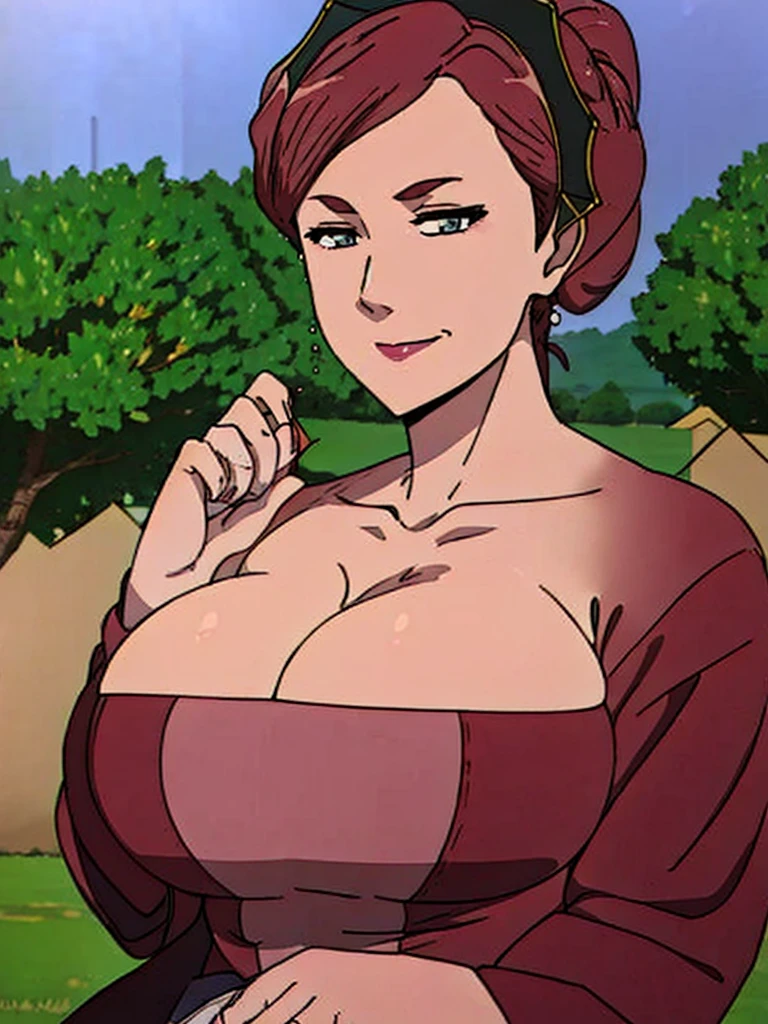 ((Farmer outfit with cleavage)), maroon hair, Gilf, busty, huge , Short low bun hair, cleavage, emotionless, detailed, upperbody, wringkle skin,Sagging breast,In the farm field,Fullbody,wedding ring,Smile,Farm Background,((Wedding Ring))