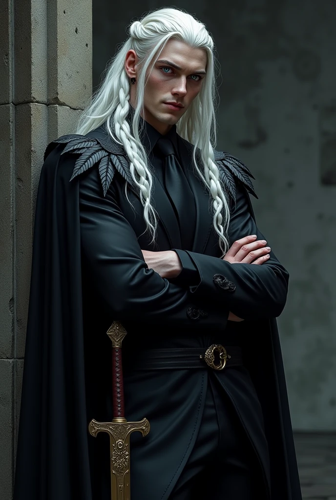 Create a powerful and beautiful prince of hell with lilac eyes and long white hair with some braids, Put him in a black suit with leaf-shaped shoulder pads that fall over his arms and a black cape and a golden sword on his hip.. That he is leaning against a wall, crossing his arms and has a captivating smile.. 