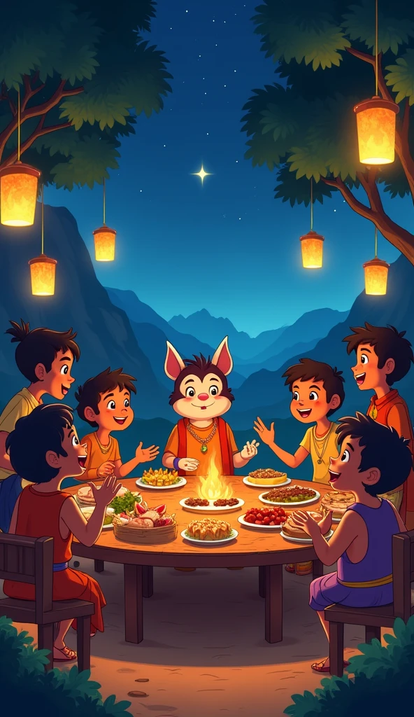 Scene 5: The Celebration Feast**  
   *Image Description:* A joyous village celebration under the stars with a large table filled with food. Villagers, including Ali, Minoo, Robi, and Windy, are enjoying the feast, laughing and sharing stories. Windy is seated at the head of the table, being honored with the title "Windy the Protector." Lanterns hang from trees, and the atmosphere is warm and festive, with everyone in high spirits.creat an image for kids story 