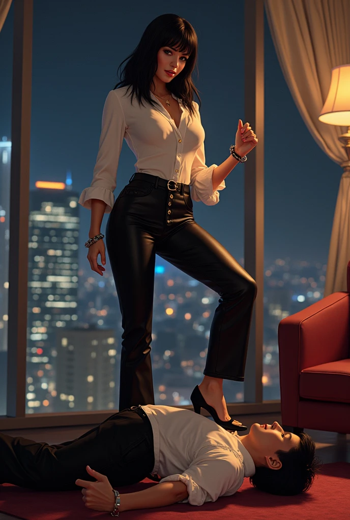 Beautiful Mistress,black bangs hairs,short height, wearing black boot-cut pants, wearing white blouse, wearing black short heel sandals,mistress shouting on man,man wearing suit, trampling man's face, man's face trampled by mistress foot , mistress puts her foot on man's face,man under mistress foot, man's face trampled by mistress foot, man lying down under mistress, man are handcuffed, surrendering against mistress, mistress victory posing on man, foot on face, femdom, penthouse , night