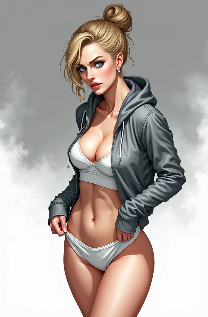 (masterpiece, best quality)), ((((perfect anatomy)))), Caucasian woman with tied blonde hair-bun, dark eye-shadow, downward curved nose, vibrant blue eyes, grey hoodie, tugging at (((white high cut cotton panties))), big hips, angry expression, walking around soldier barracks, (((photo realistic))), ((80's film, 80's movie scene, 80's TV Style))
