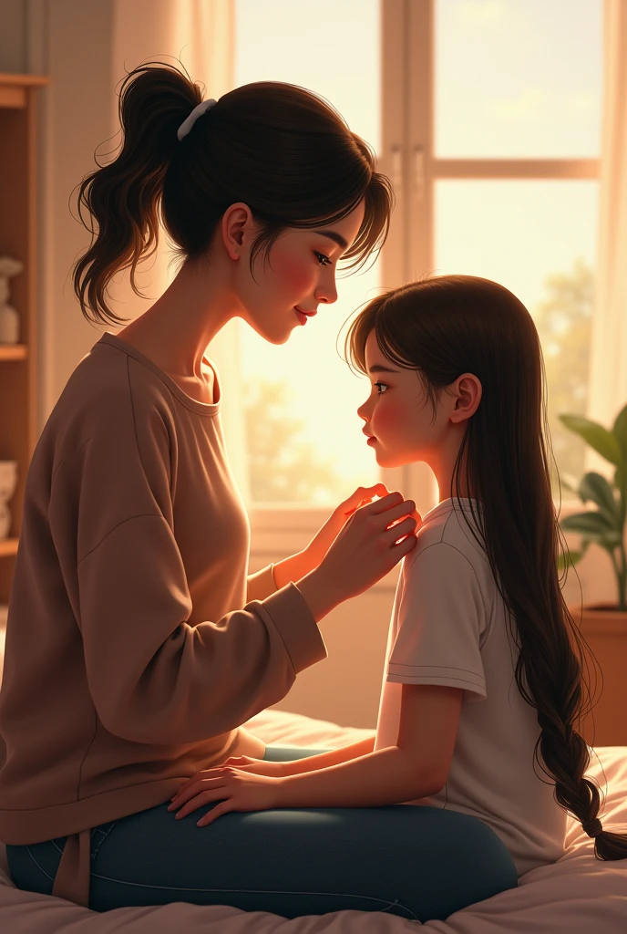 A woman braiding her daughter's hair