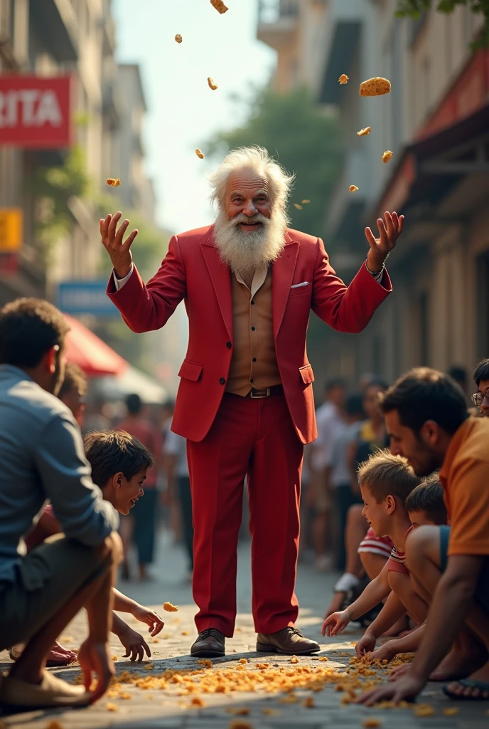naughty man , height of 1.6 meters,older ,short white hair ,short white beard, red suit, smiling throwing bread crumbs on the floor, poor hungry people crouching down picking up bread crumbs from the floor, City of Sao Paulo, brazil.