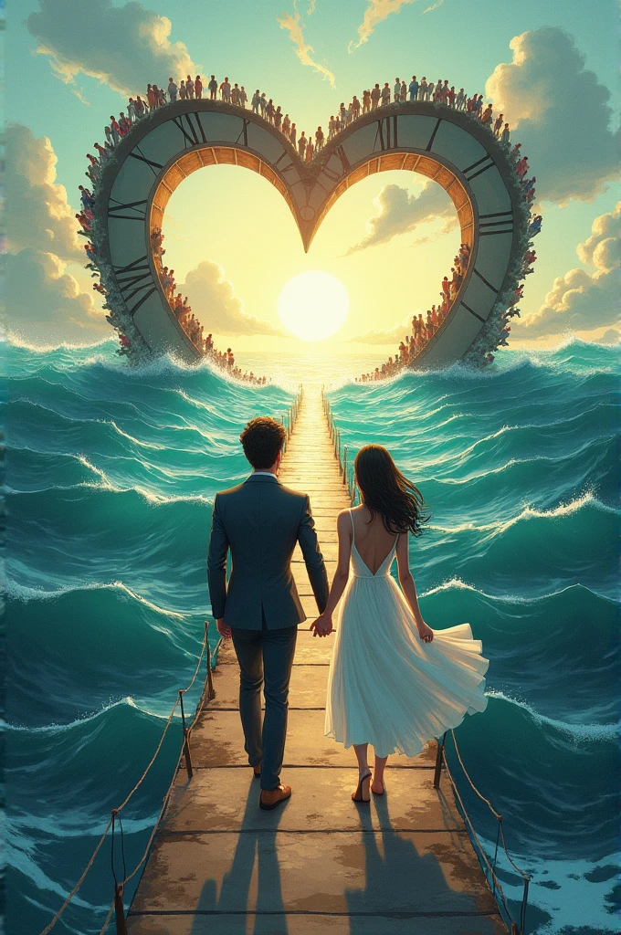Illustration of a man and a woman holding hands heading towards a heart with a clock divided in half , They are crossing the sea , The sea is divided in two , On either side of the man and the woman there are many people