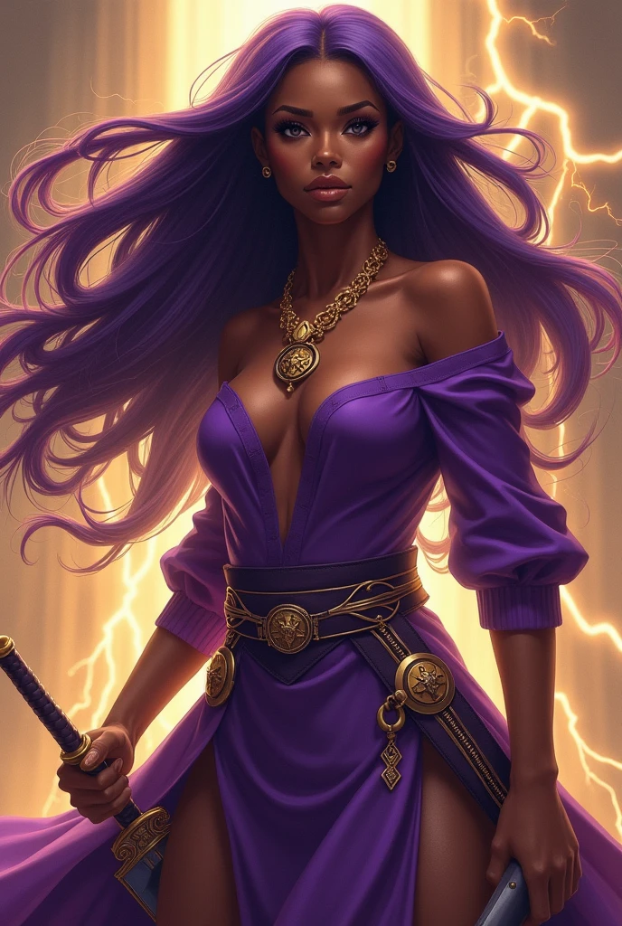 Black woman. Long purple hair flying in all directions. Honey brown skin. Very beautiful. Gold necklace. Brown eyes. Purple attire. Sword by her hip. Powerful presence. Golden lightening crackling in the air. Ultra high quality.