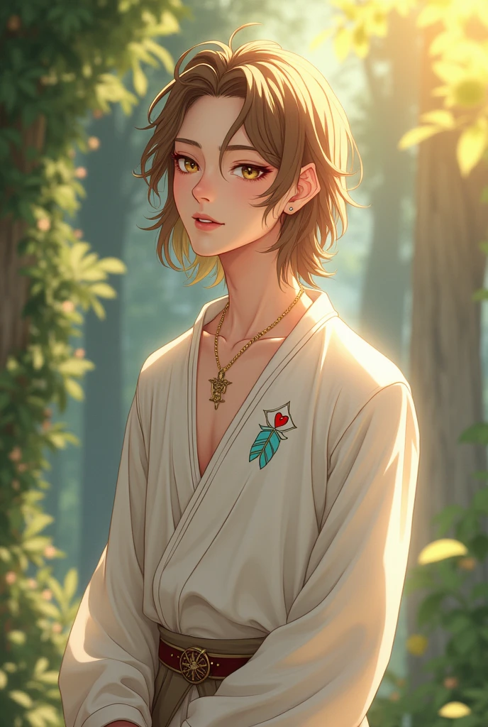 a young half-elf man with delicate, feminine features and shoulder-length light brown hair wearing a white medieval tunic with a symbol of a light blue feather over a red heart drawn on the clothes at chest height, singing.
anime style