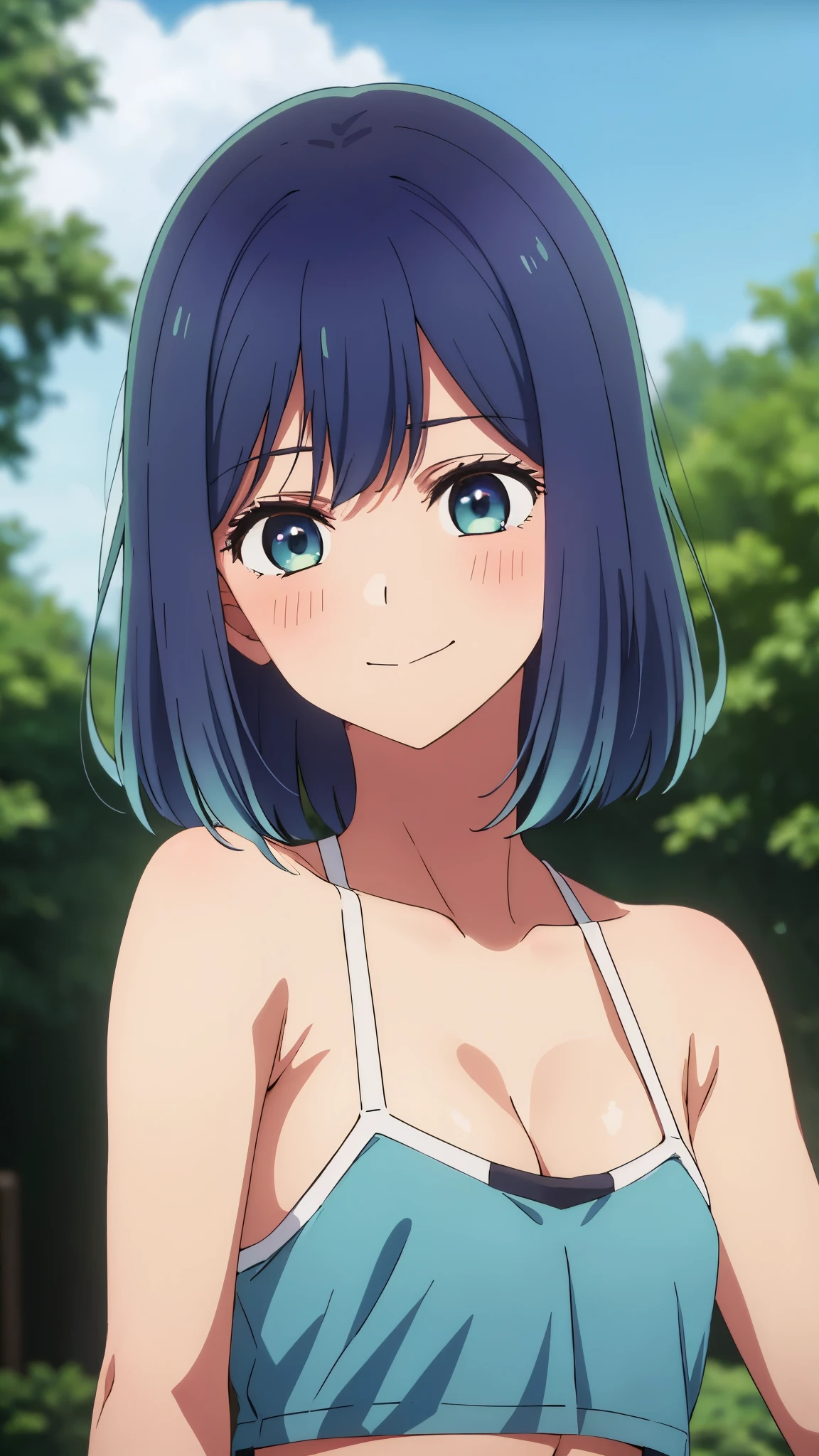 1girl, anime artstyle, masterpiece, highres, solo, 8k, detailed, perfect face, best quality, (ultra high quality), (looking at viewers), (armpit), collarbone, bare arms, bare shoulders, small breast, cleavage, dark blue hair color, short hair, belly, stomach, navel, abs, micro bikini, mini short, denim short, slim body, upper body, closed mouth, smile, blush, at forest, hand up