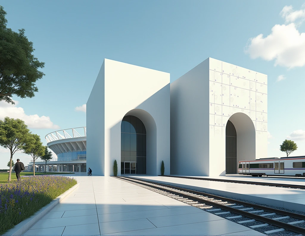 drawing in a convex image of a rectangular building with two rounded entrances 4 meters high with plate 2nd GBM - SAVE! Here is the mission ahead, Engenhão football stadium in the background, and a train in the foreground