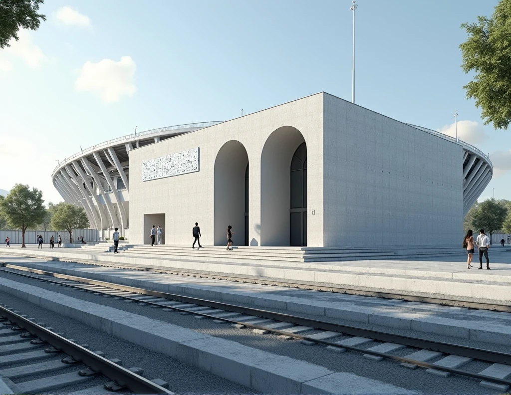 drawing in a convex image of a rectangular building with two rounded entrances 4 meters high with plate 2nd GBM - SAVE! Here is the mission ahead, Engenhão football stadium in the background, and a train in the foreground