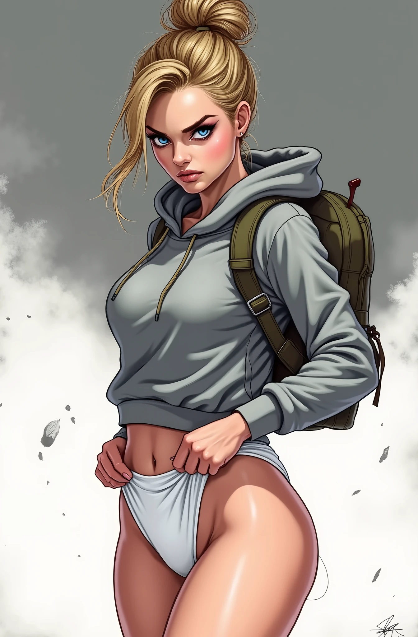 (masterpiece, best quality)), ((((perfect anatomy)))), Caucasian woman with tied blonde hair-bun, dark eye-shadow, downward curved nose, vibrant blue eyes, grey hoodie, tugging at (((white high cut cotton panties))), big hips, angry expression, walking around soldier barracks, (((photo realistic))), ((80's film, 80's movie scene, 80's TV Style))