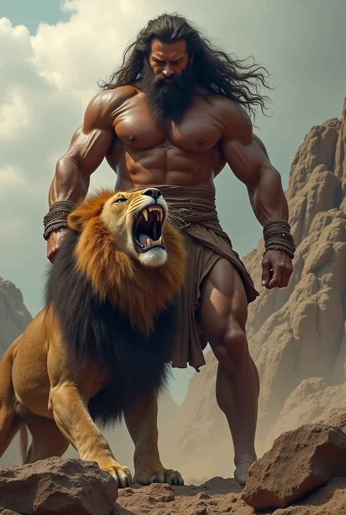 Depict Samson from the Bible as a towering, muscular figure with long, flowing hair cascading down his back, symbolizing his divine strength. He is in the wilderness, mid-battle with a ferocious lion. Samson is gripping the lion's jaws with his bare hands, his muscles bulging with immense power as he forces the beast apart. His expression is fierce and focused, capturing the raw intensity of the moment. The lion is mid-roar, with eyes wide in fear and pain. The background features a rugged, rocky landscape under a dramatic sky, adding to the intensity of the scene. The atmosphere is charged with energy, highlighting the epic struggle between man and beast and showcasing Samson's extraordinary strength and divine purpose. (RAW photo:1.2), ((photorealistic:1.4), (masterpiece:1.3), (best quality:1.4)), ultra high res, (detailed facial features), (detailed clothes features), HDR, 8k resolution, (shiny skin), (extreme detailed illustration), 1man, full body, stand, no Beard.