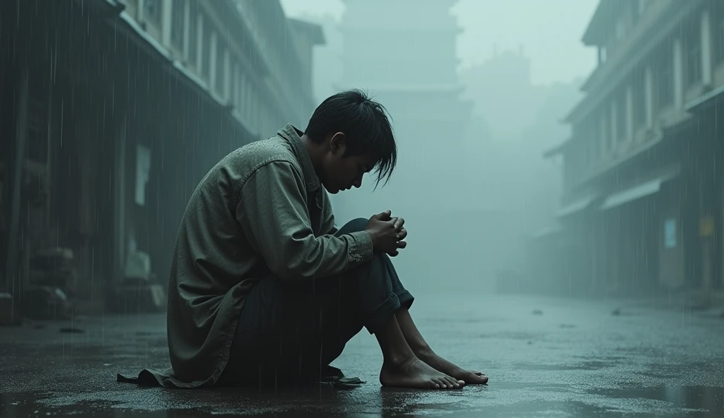 poor，Poor China sitting on the ground in the rain，Hands on knees