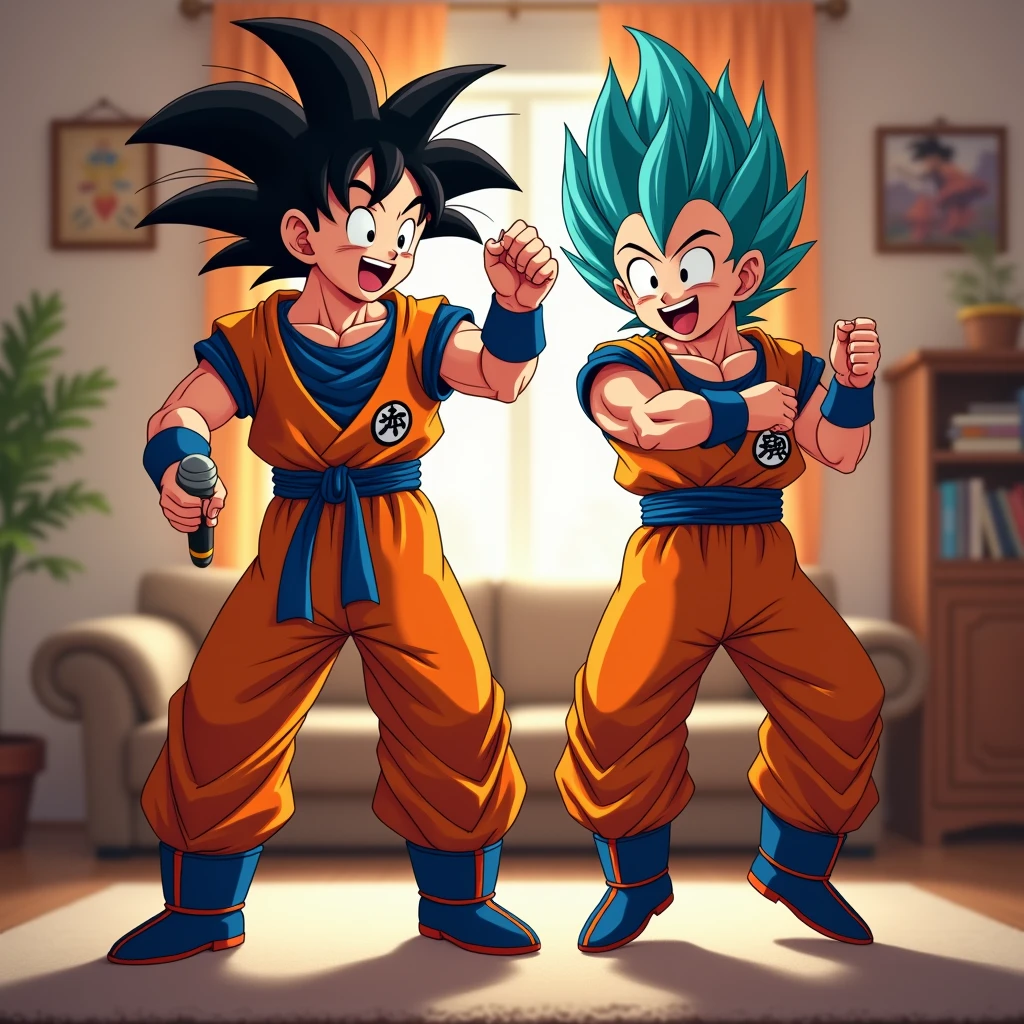 Goku and Vegeta dancing in the living room with their microphone in their hands