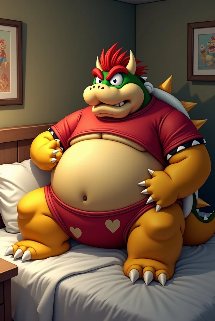 Bowser from Super Mario, Extremely obese, chubby, embarrassed, huge round belly, big moobs, heart underpants, red tight short sleeves t-shirt, laying on a bed, one hand on the belly