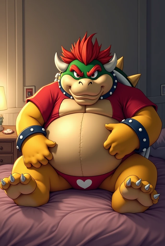 Bowser from Super Mario, Extremely obese, chubby, embarrassed, huge round belly, big moobs, heart underpants, red tight short sleeves t-shirt, laying on a bed, one hand on the belly