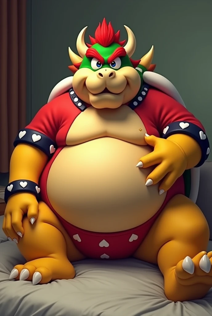 Bowser from Super Mario, Extremely obese, chubby, embarrassed, huge round belly, big moobs, heart underpants, red tight short sleeves t-shirt, laying on a bed, one hand on the belly