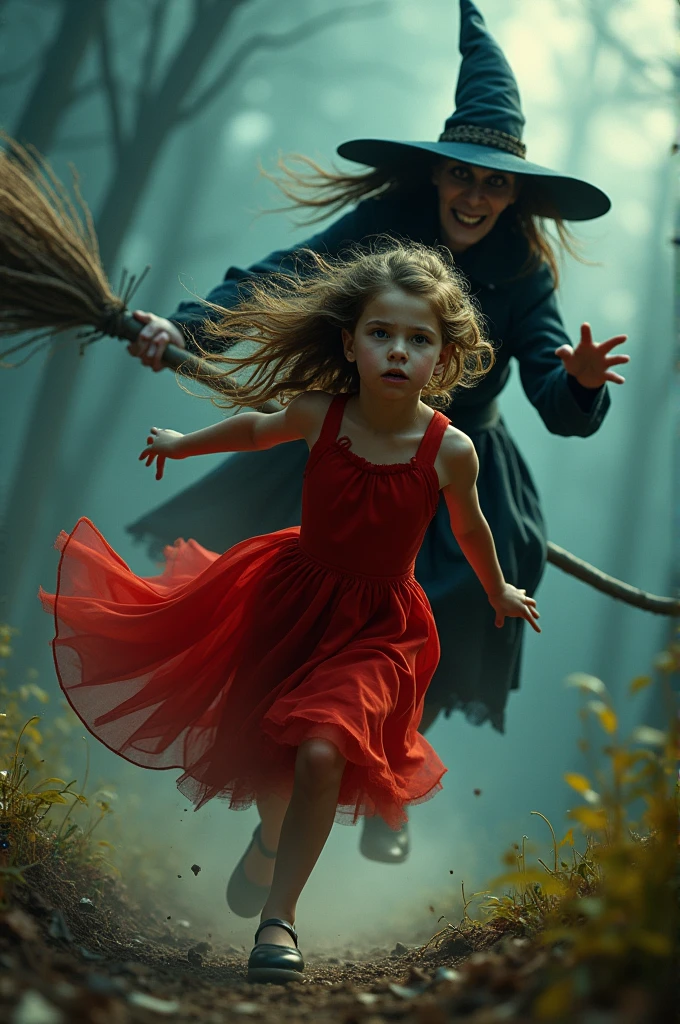 Girl in red dress is chased by a witch on her broom.