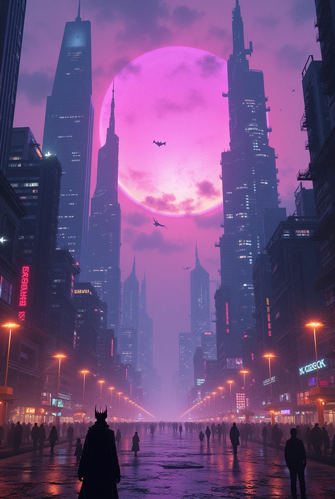 a futuristic city, half cyber punk, the night, em tokyo, with spaceships, with purple tones, with supernatural animals