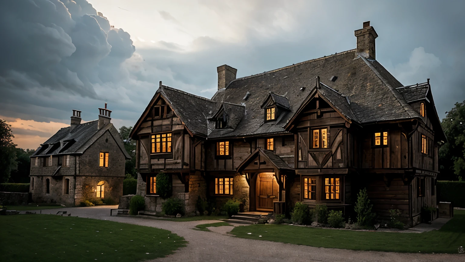 Gothic medieval houses, with cloudy weather, and with burning lamps, stone walls, wooden doors and details