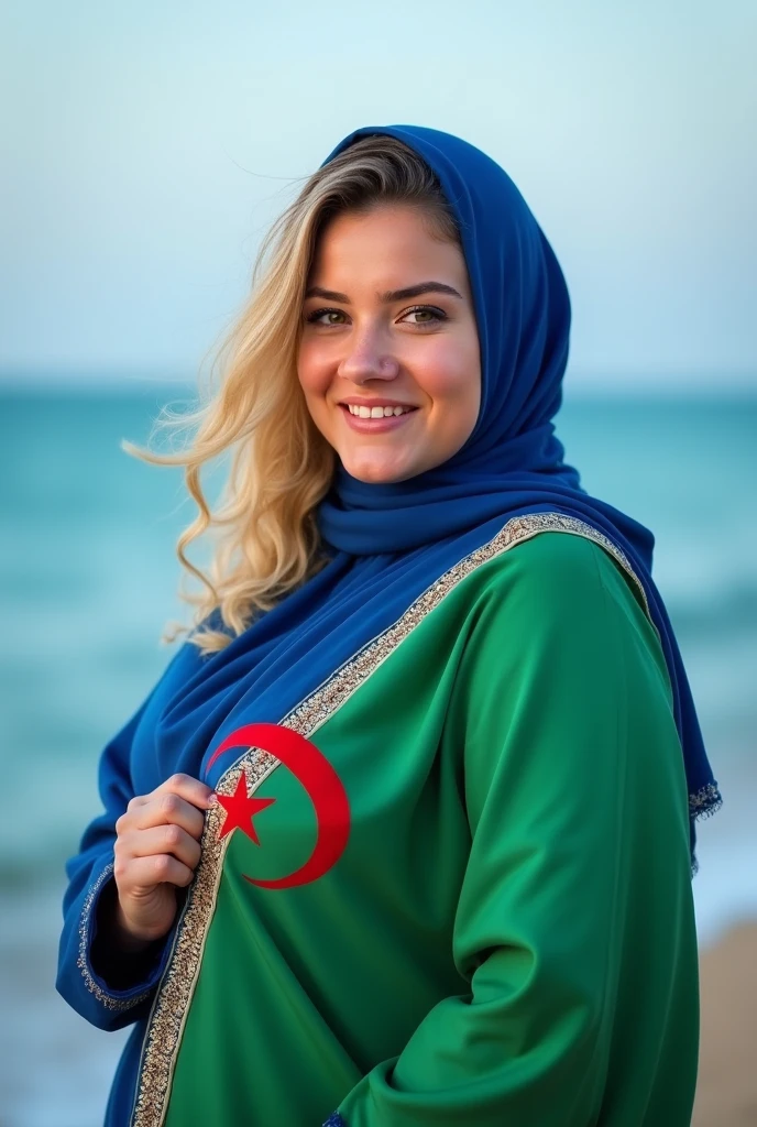 Close up, blonde, plump woman, wearing a blue, gold embroidered abaya, holding the white and green Algerian flag, looking directly at the camera, she is standing on the blue seashore