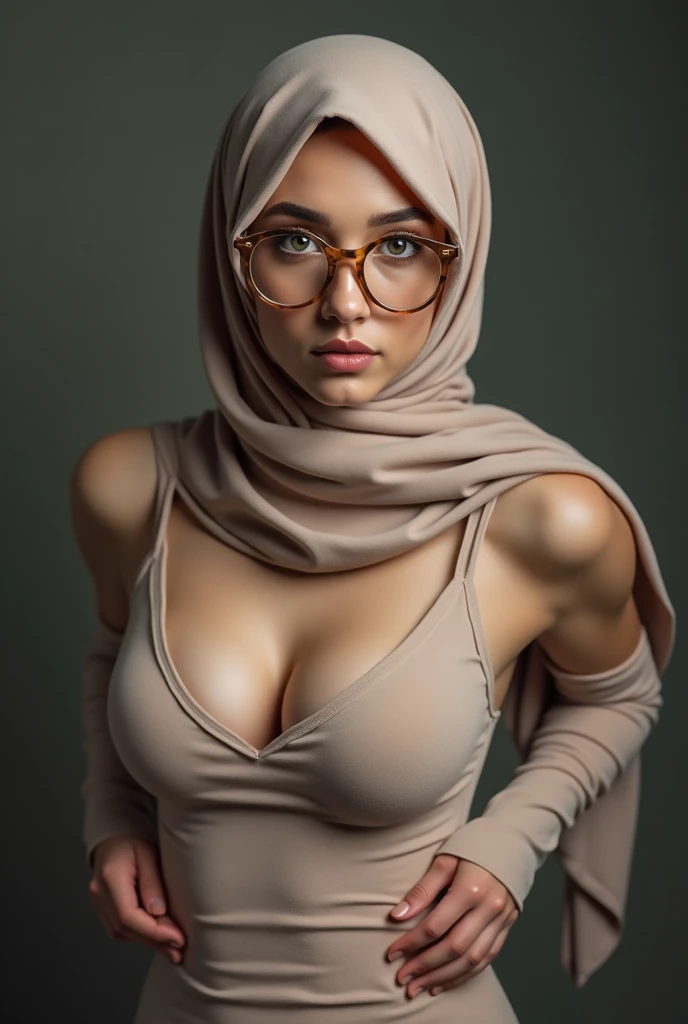 beautiful woman wearing a hijab with a floral motif, wearing glasses, wearing a brown robe, big bra