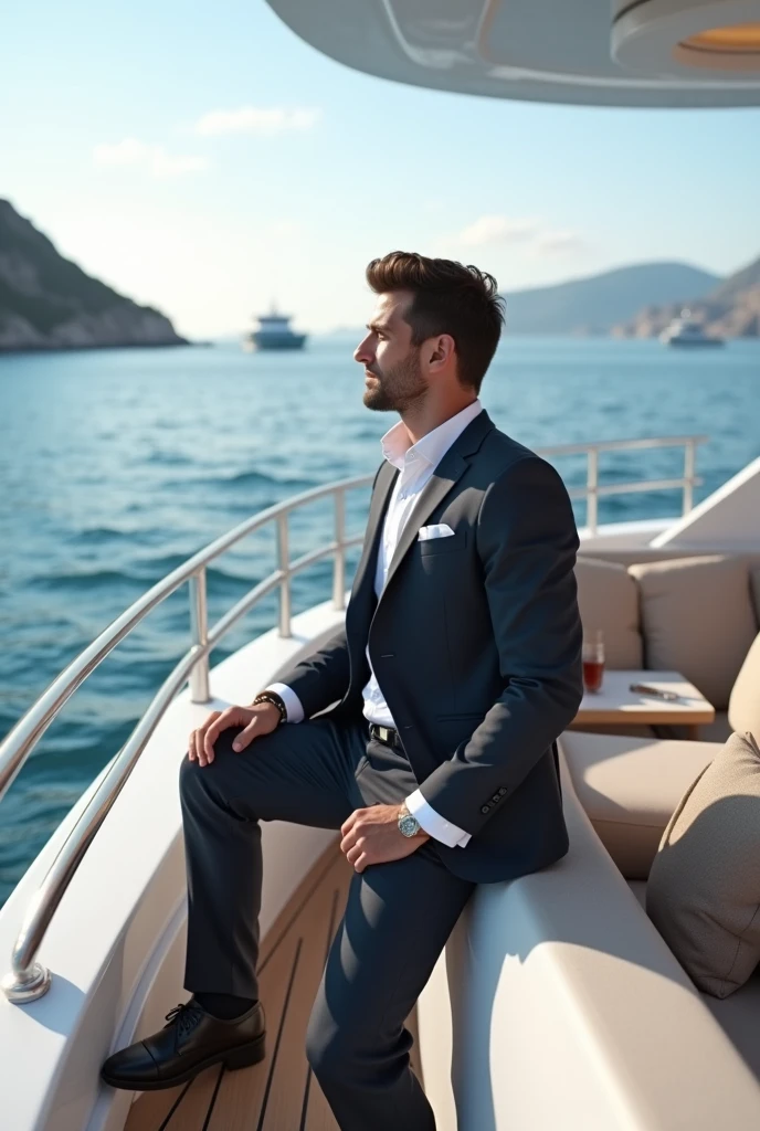 A 30-year-old millionaire on the stern of his yacht