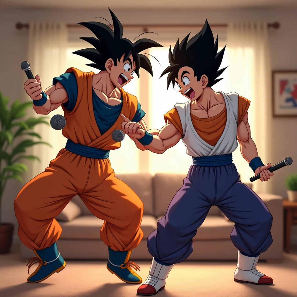 Goku and Vegeta dancing in the living room with their microphone in their hands